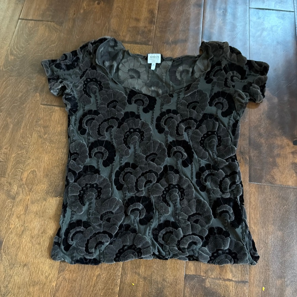 Armani Collezioni Womens Velvet Burnout Floral Top Charcoal Black Size 8 Italy